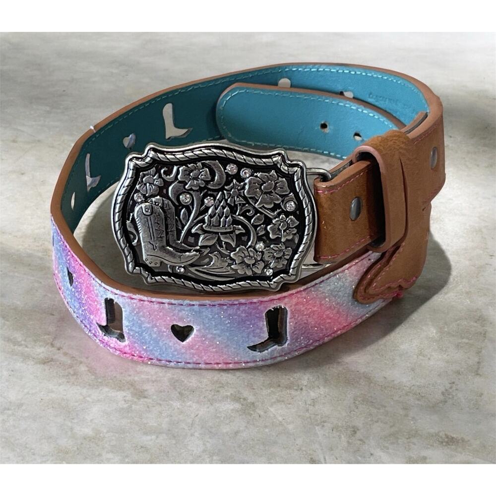 CATCHFLY Women’s Pastel Shimmer Hearts & Boots Belt Size Medium -Western Wear